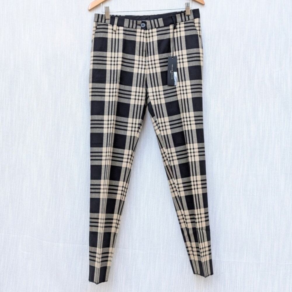 Brian Dales Pants Womens IT 44/M Black/Cream Check Plaid Wool Mid-rise Chino NWT - Picture 2 of 12